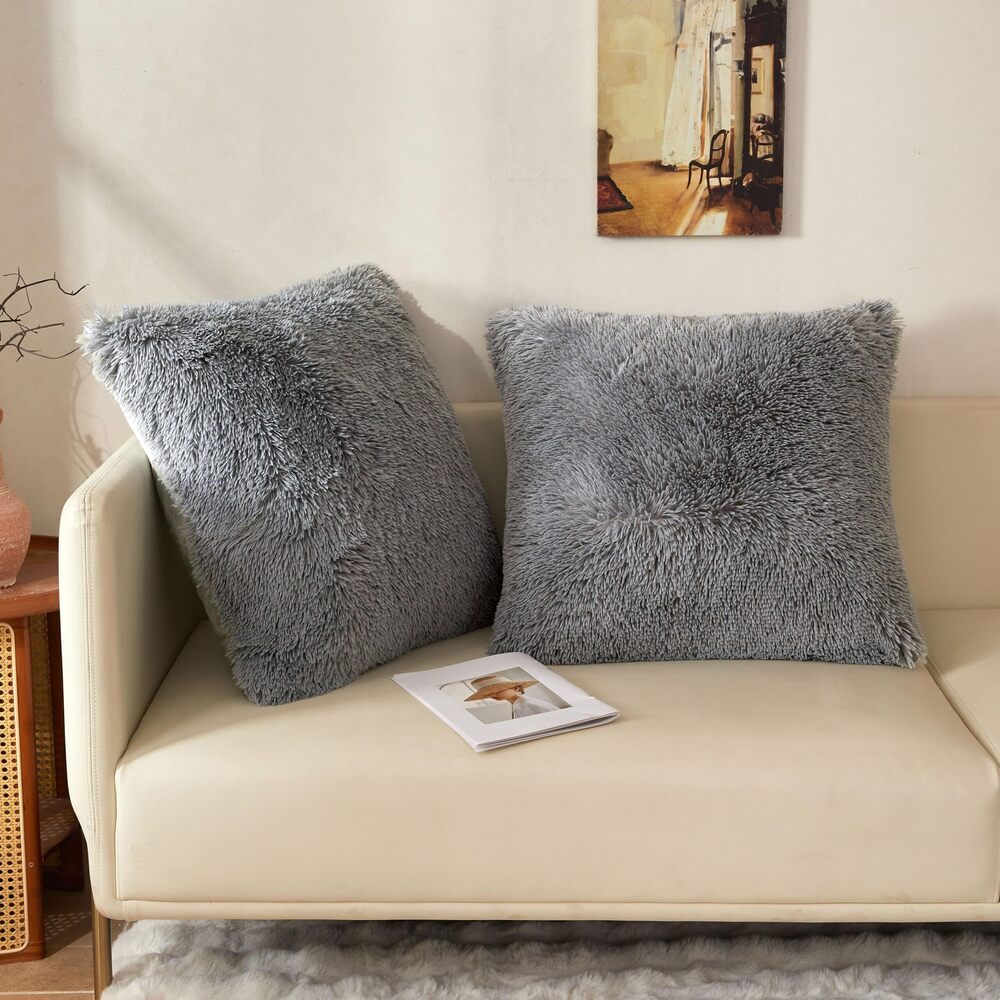4913 26x26 Fluffy Faux Fur Euro Throw Pillow Covers, Set of 2 Shaggy Fuzzy